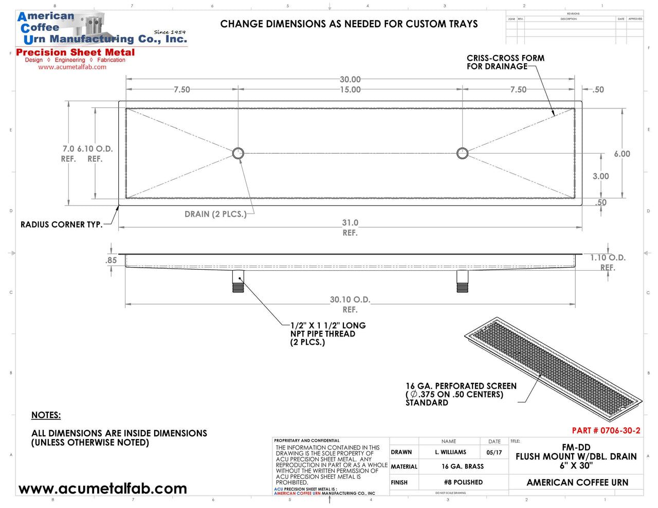 vFlush Mount 6" X 30" X ¾" Drip Tray with Double Drains | Recessed | Brass