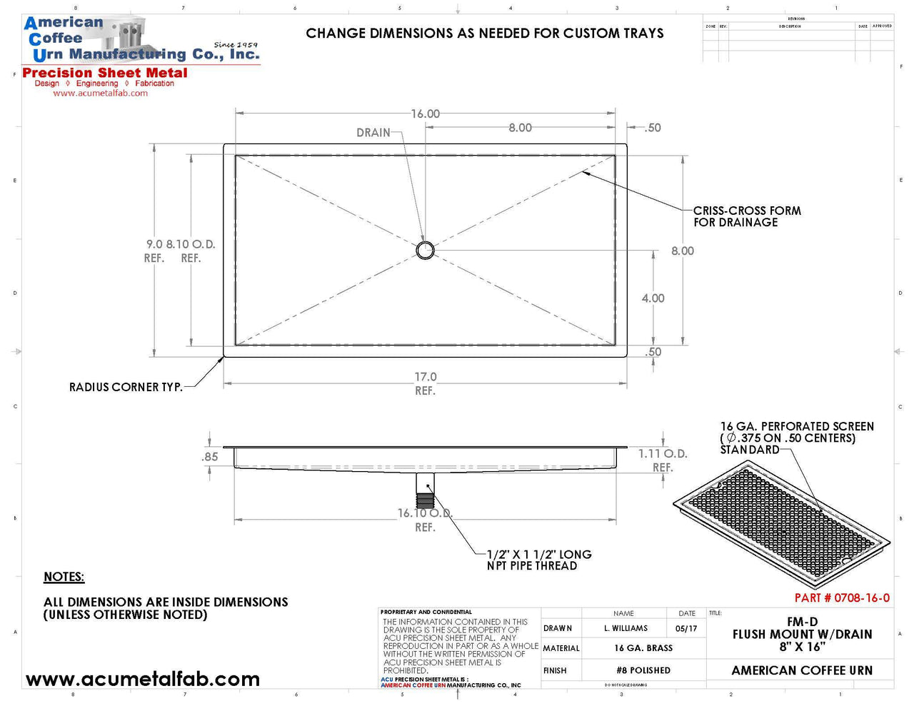 Flush Mount 8" X 16" X ¾" Drip Tray | Beer Dispenser Catcher | Brass - ACU Precision Sheet Metal