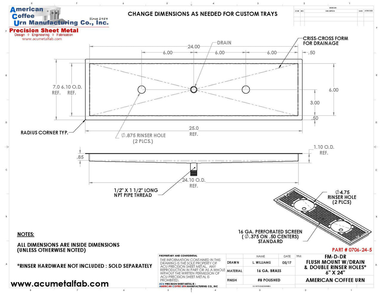 Flush Mount w/ Center Drain and Double Rinser Holes 6" X 24" X ¾" Drip Tray | Recessed | Brass