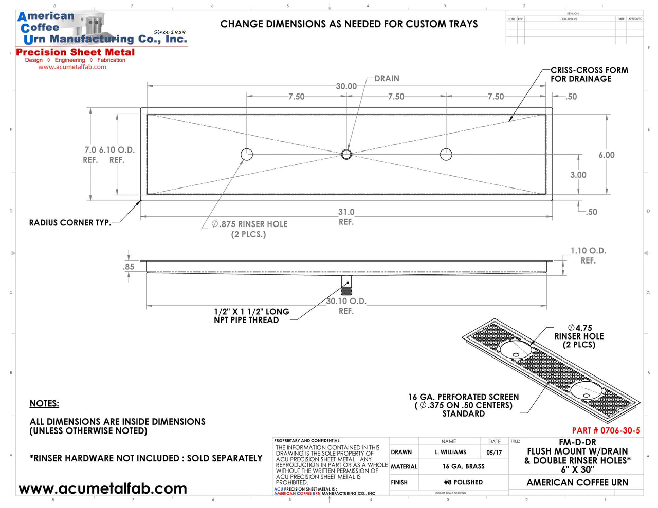 Flush Mount w/ Center Drain and Double Rinser Holes 6" X 30" X ¾" Drip Tray | Recessed | Brass