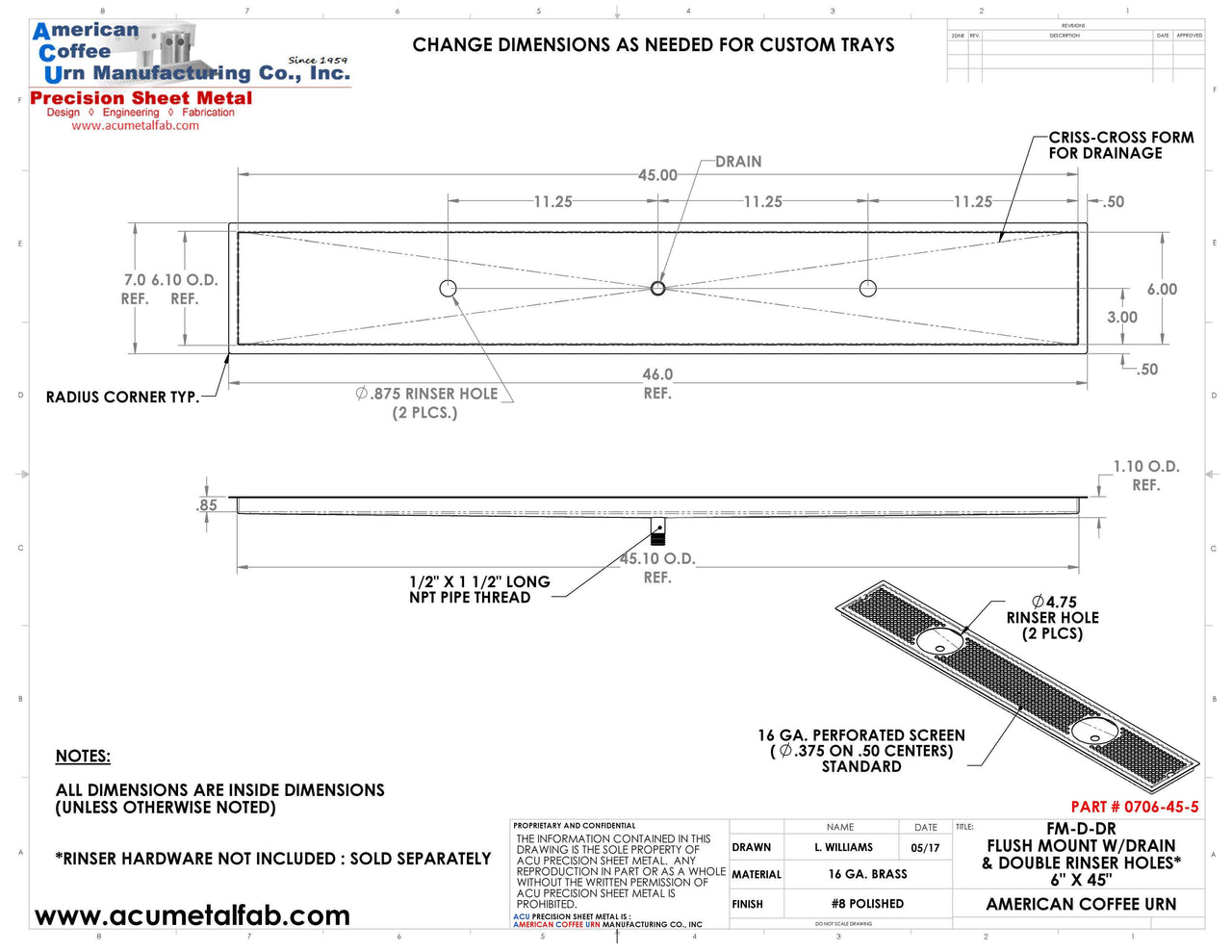 Flush Mount w/ Center Drain and Double Rinser Holes 6" X 45" X ¾" Drip Tray | Recessed | Brass