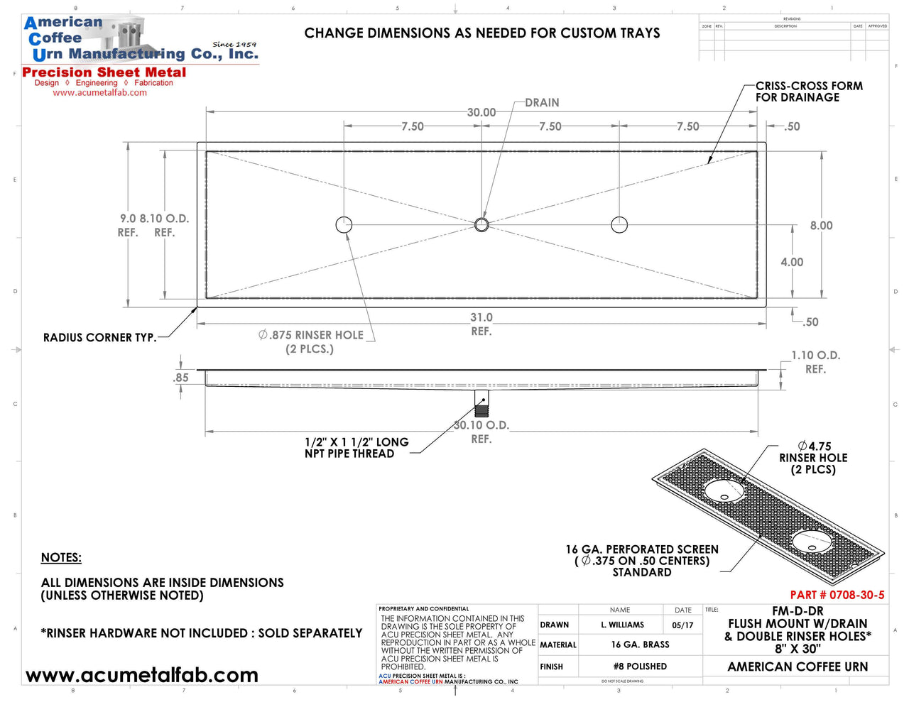 Flush Mount w/ Center Drain and Double Rinser Holes 8" X 30" X ¾" Drip Tray | Recessed | Brass