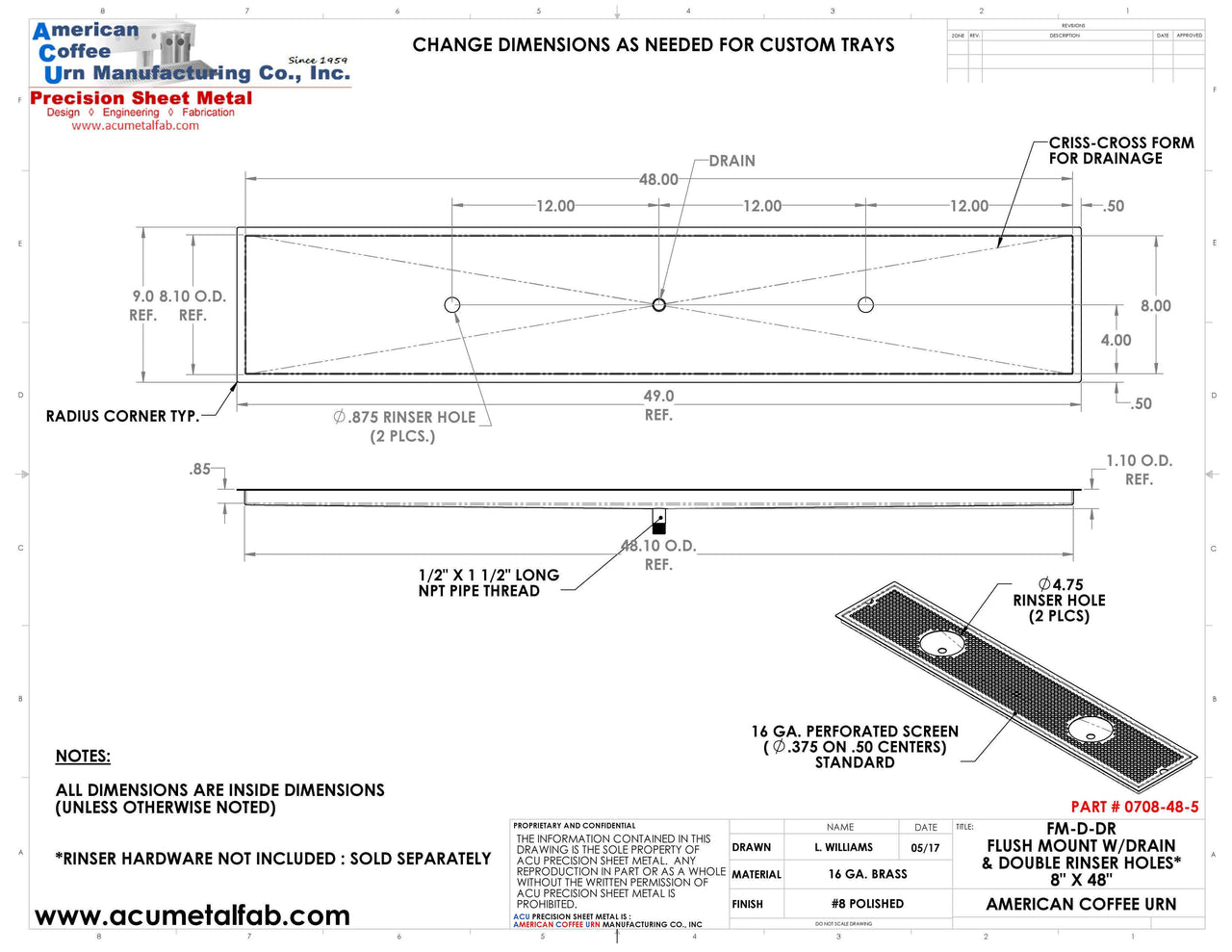 Flush Mount w/ Center Drain and Double Rinser Holes 8" X 48" X ¾" Drip Tray | Recessed | Brass