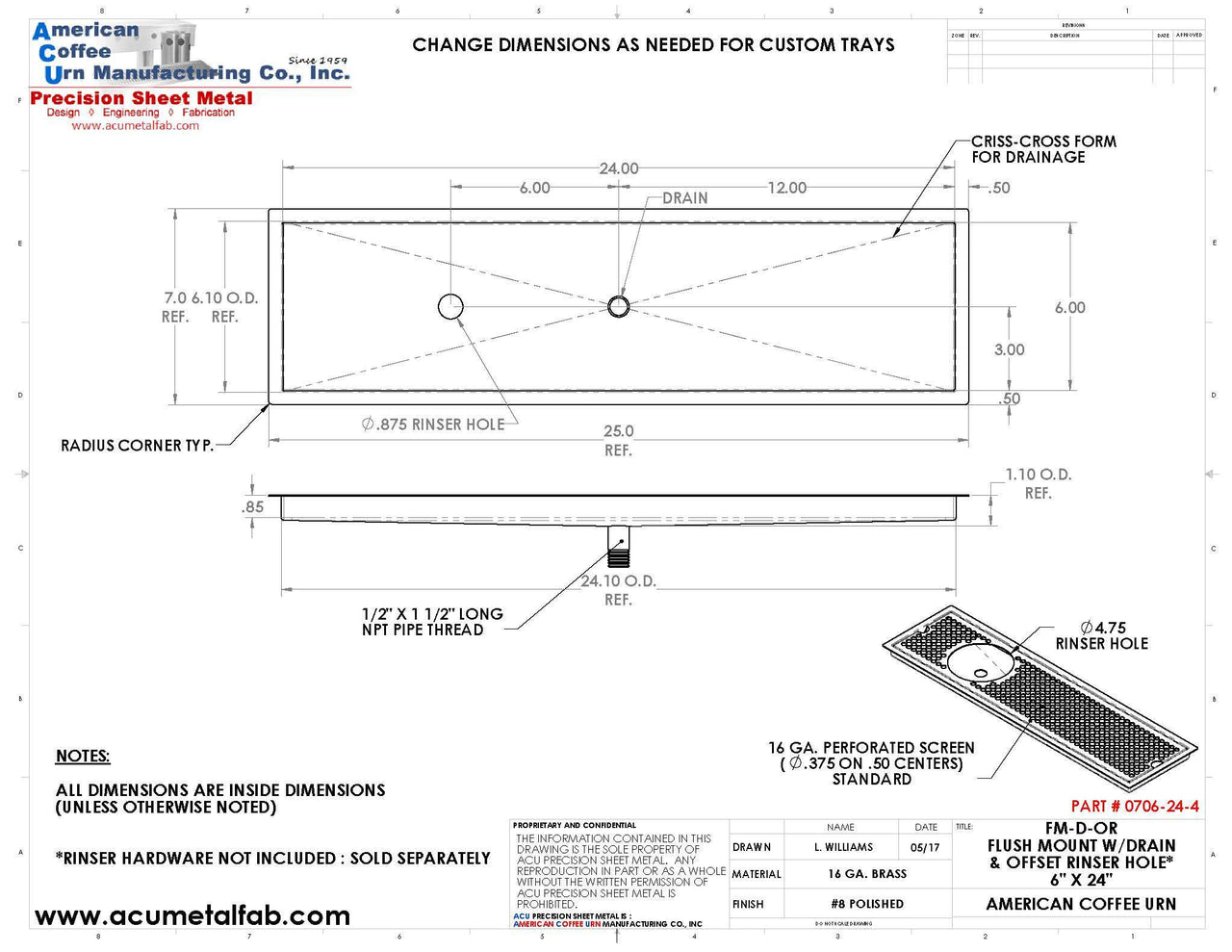 Flush Mount with Center Drain and Offset Rinser Hole 6" X 24" X ¾" Drip Tray | Recessed | Brass