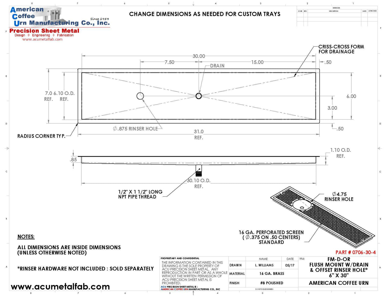 Flush Mount with Center Drain and Offset Rinser Hole 6" X 30" X ¾" Drip Tray | Recessed | Brass