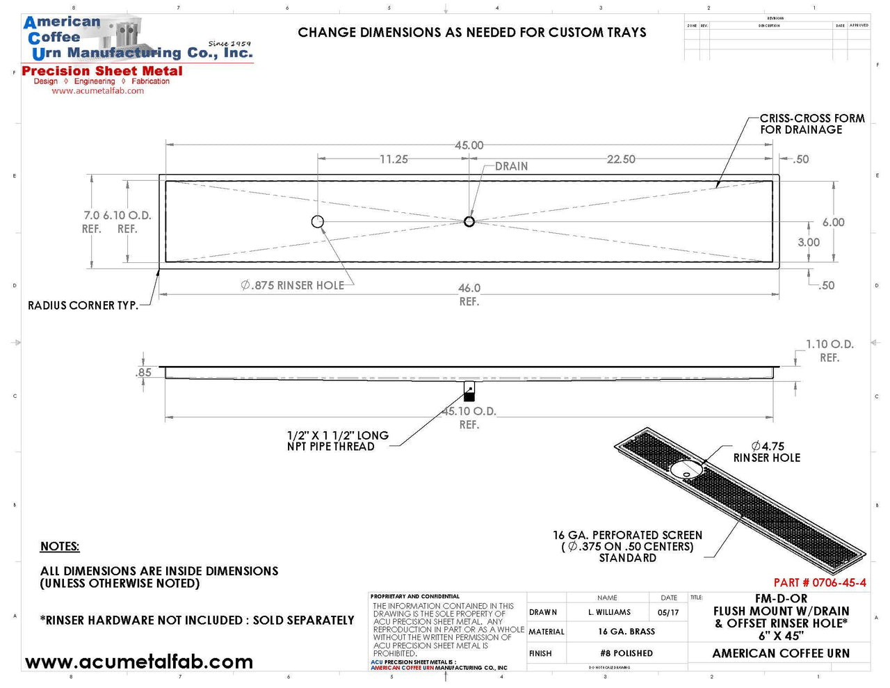 Flush Mount with Center Drain and Offset Rinser Hole 6" X 45" X ¾" Drip Tray | Recessed | Brass