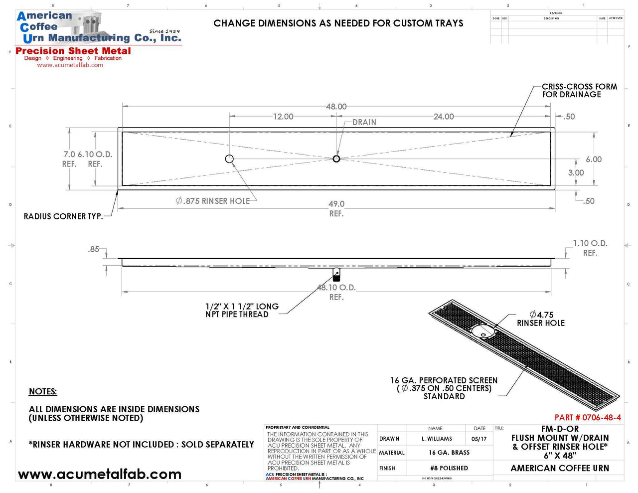 Flush Mount with Center Drain and Offset Rinser Hole 6" X 48" X ¾" Drip Tray | Recessed | Brass