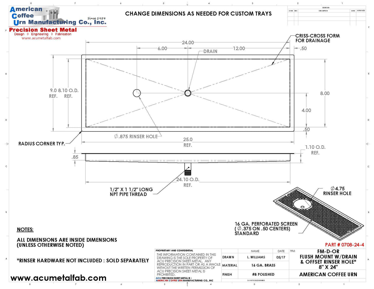 Flush Mount w/ Center Drain and Offset Rinser Hole 8" X 24" X ¾" Drip Tray | Recessed | Brass