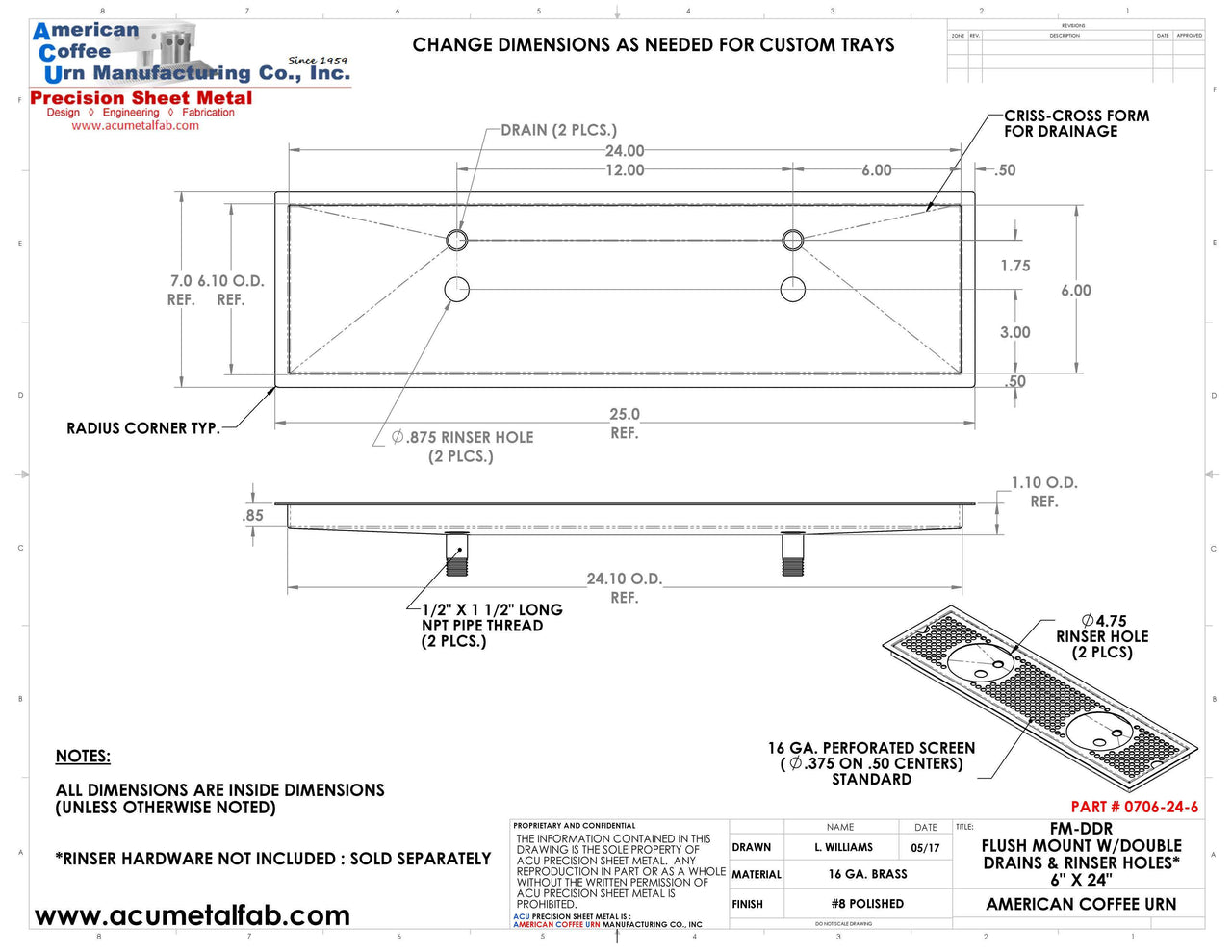 Flush Mount w/ Double Drain and Double Rinser Holes 6" X 24" X ¾" Drip Tray | Recessed | Brass