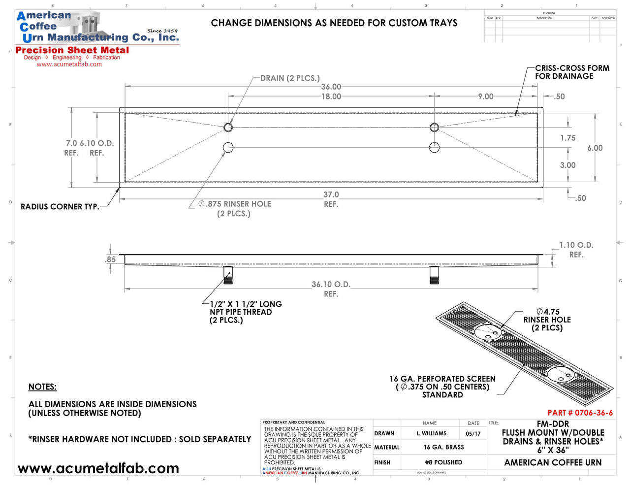 Flush Mount w/ Double Drain and Double Rinser Holes 6" X 36" X ¾" Drip Tray | Recessed | Brass