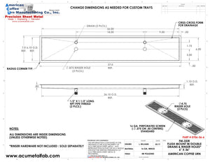 Flush Mount w/ Double Drain and Double Rinser Holes 6" X 36" X ¾" Drip Tray | Recessed | Brass
