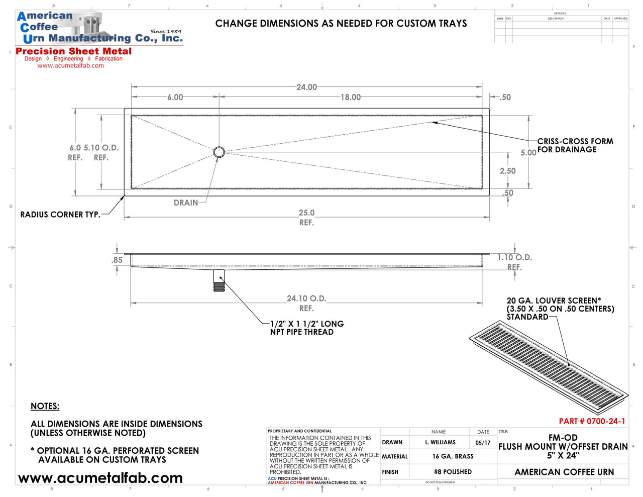 Flush Mount with Offset Drain 5" X 24" Drip Tray | Recessed | Brass 