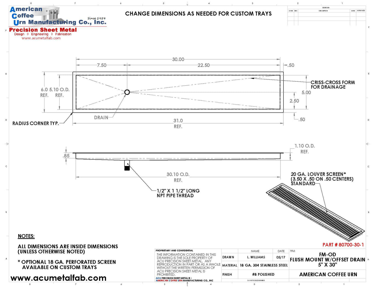 Flush Mount with Offset Drain 5" X 30" Drip Tray | Recessed | Brass 