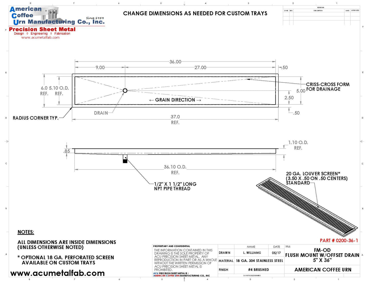 Flush Mount with Offset Drain 5" X 36" Drip Tray | Recessed | S/S # 4 - ACU Precision Sheet Metal