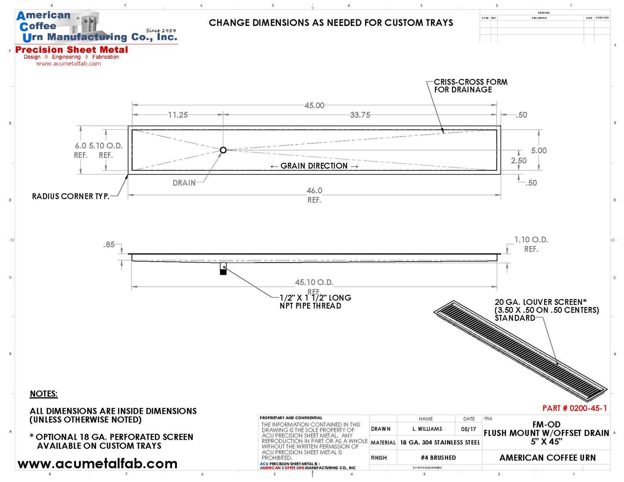 Flush Mount with Offset Drain 5" X 45" Drip Tray | Recessed | S/S # 4 - ACU Precision Sheet Metal