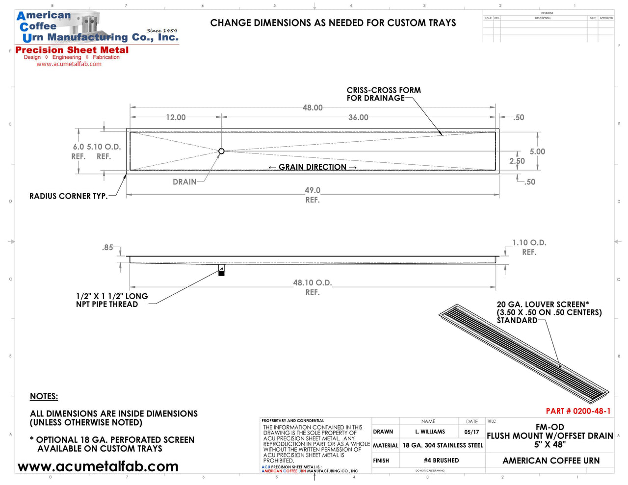 Flush Mount with Offset Drain 5" X 48" Drip Tray | Recessed | S/S # 4 - ACU Precision Sheet Metal