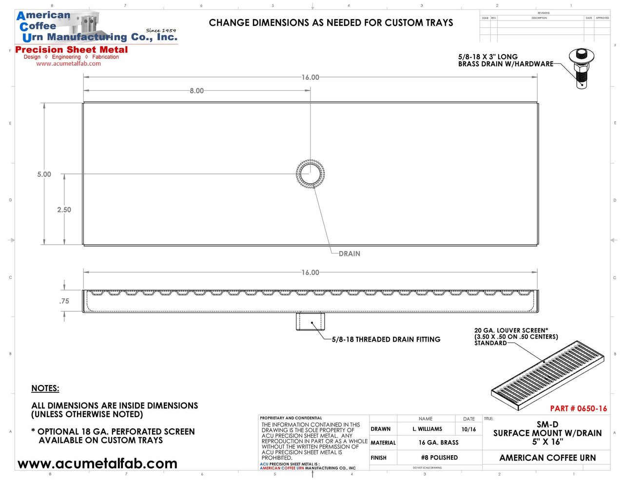 Surface Mount Drip Tray with Drain 5" X 16" X 3/4" | Brass - ACU Precision Sheet Metal