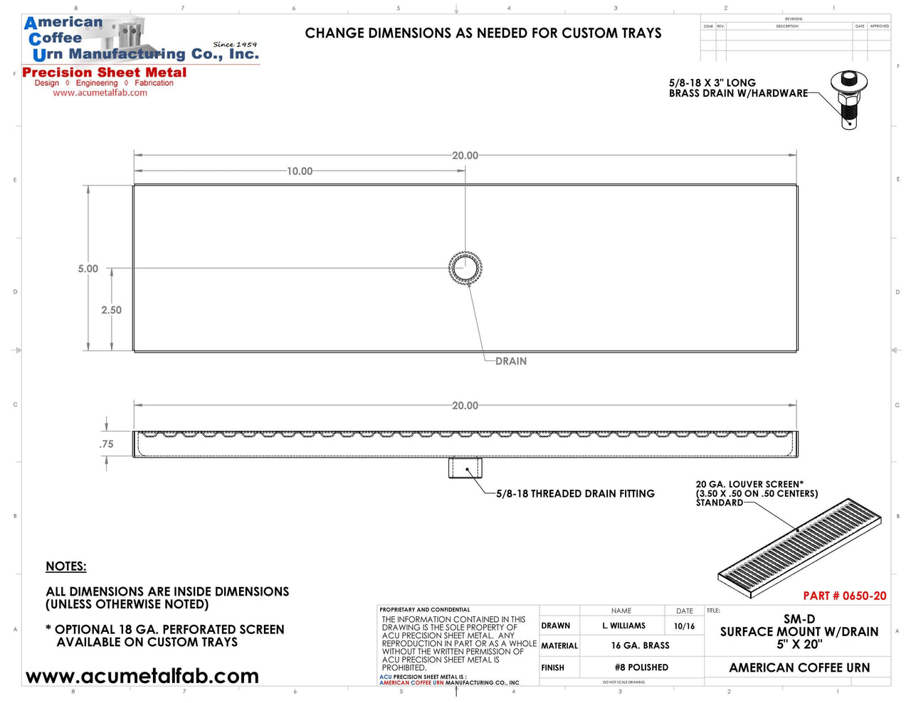 Surface Mount Drip Tray with Drain 5" X 20" X 3/4" | Brass #8 - ACU Precision Sheet Metal