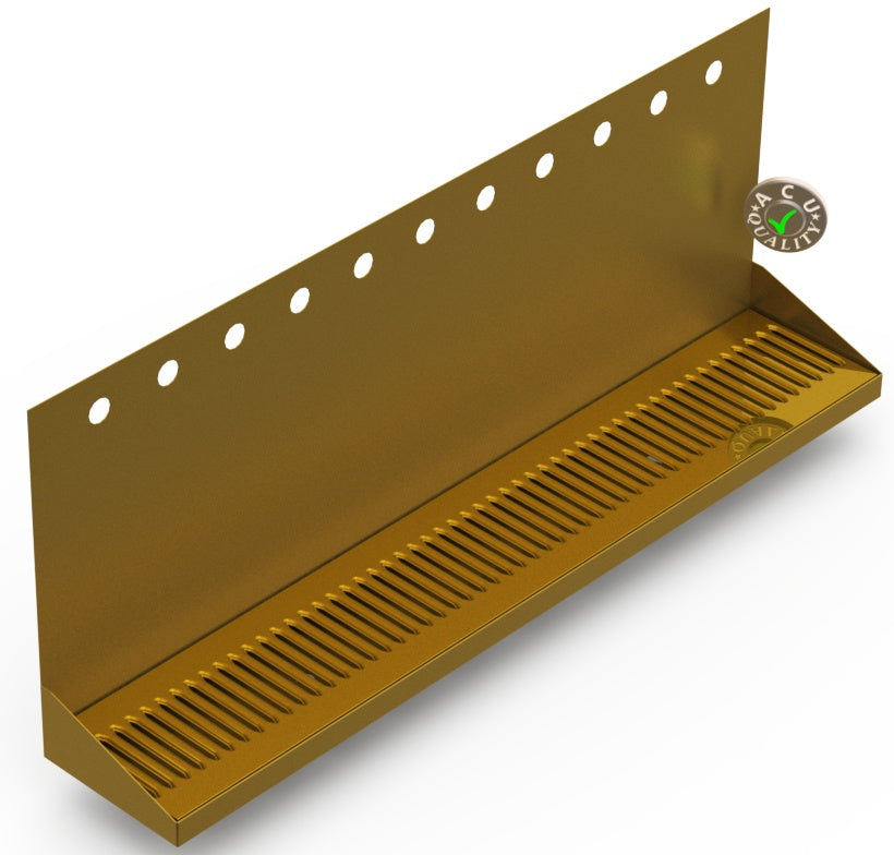 Wall Mount Drip Tray with Double Drain | 6-3/8" X 36" X 14" X 1" | Brass | 11 Faucet Holes - ACU Precision Sheet Metal