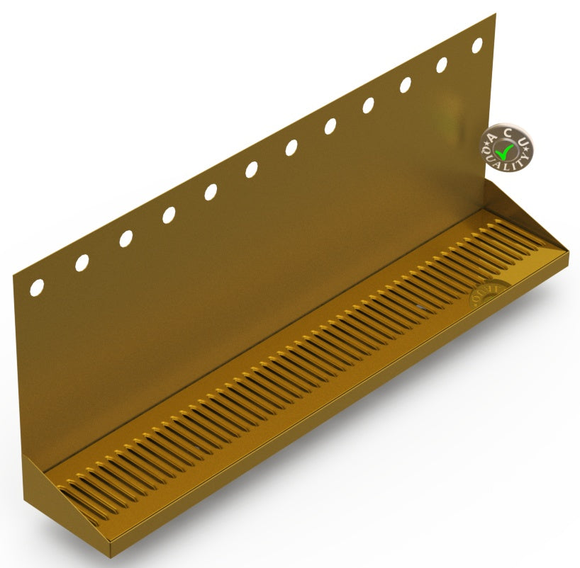 Wall Mount Drip Tray with Double Drain | 6-3/8" X 36" X 14" X 1" | Brass | 12 Faucet Holes - ACU Precision Sheet Metal