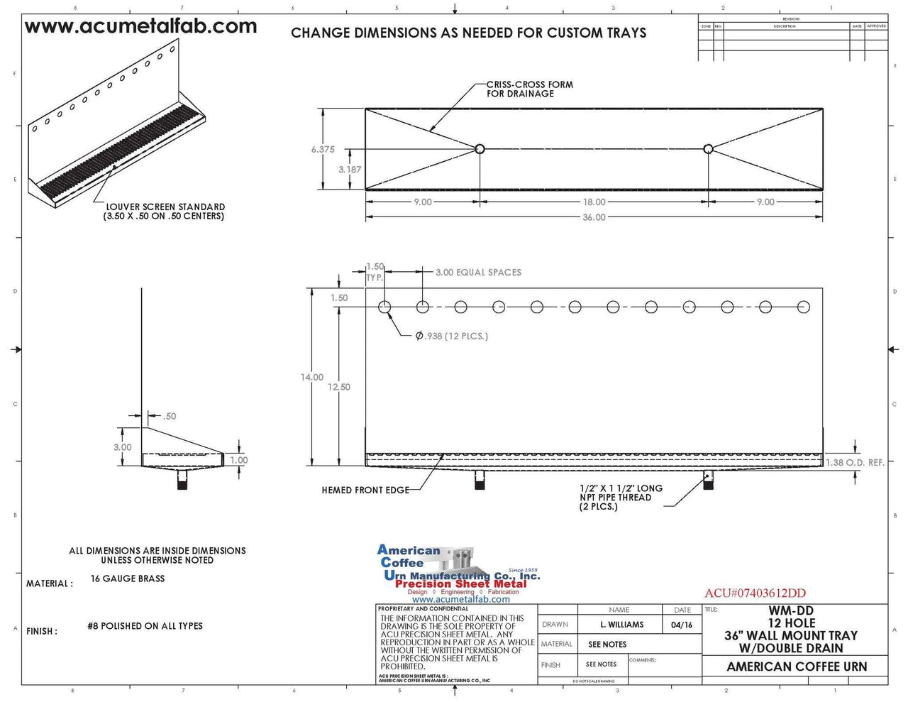 Wall Mount Drip Tray with Double Drain | 6-3/8" X 36" X 14" X 1" | Brass | 12 Faucet Holes - ACU Precision Sheet Metal