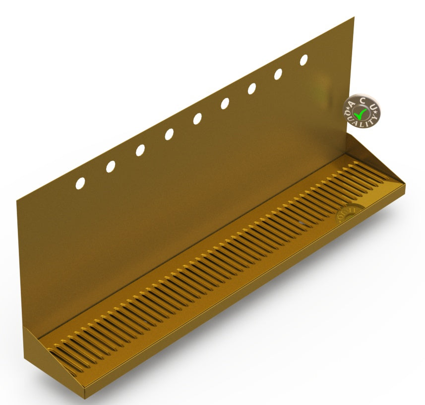 Wall Mount Drip Tray with Double Drain | 6-3/8" X 36" X 14" X 1" | Brass | 9 Faucet Holes - ACU Precision Sheet Metal