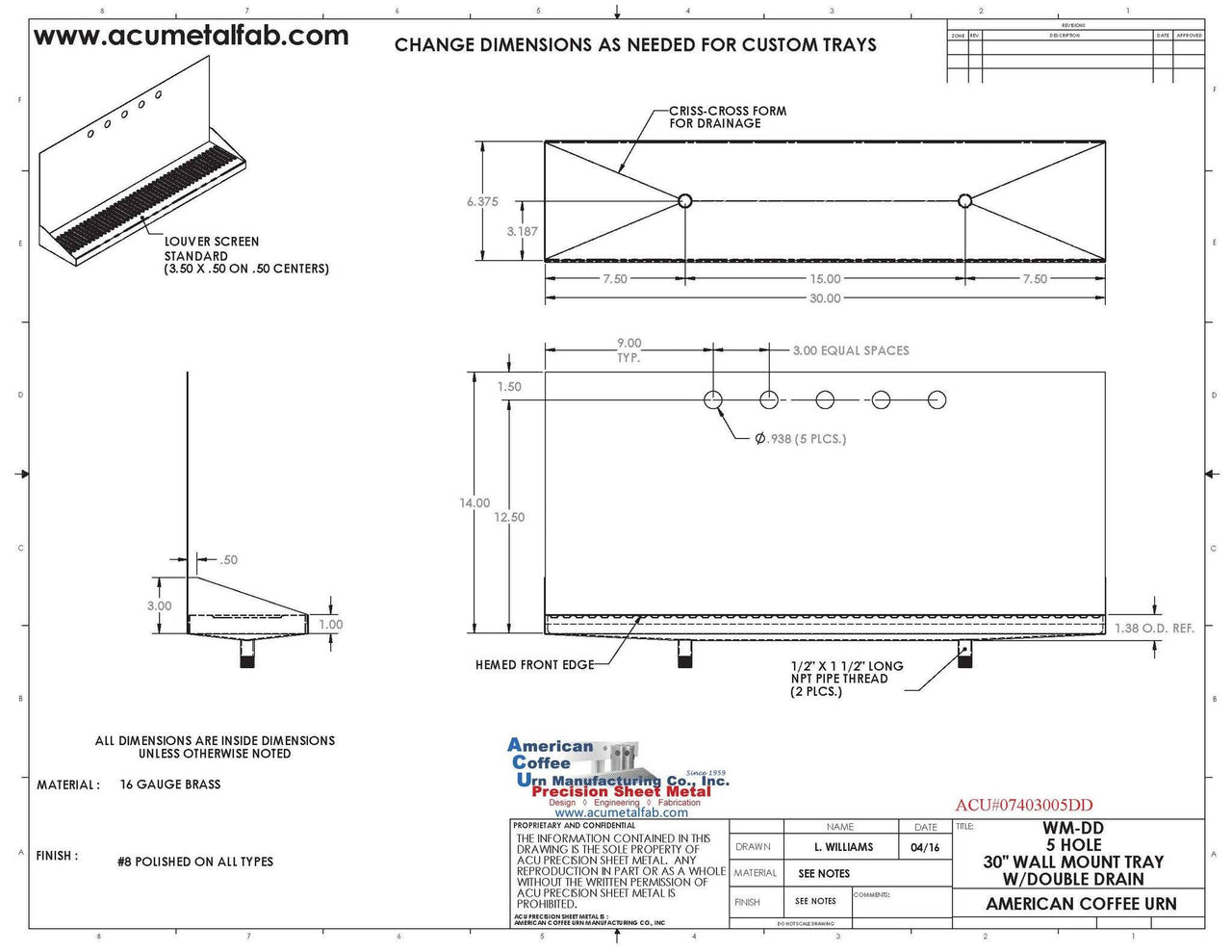 Wall Mount Drip Tray with Double Drains | 6-3/8" X 30" X 14" X 1" | Brass | 5 Faucet Holes - ACU Precision Sheet Metal