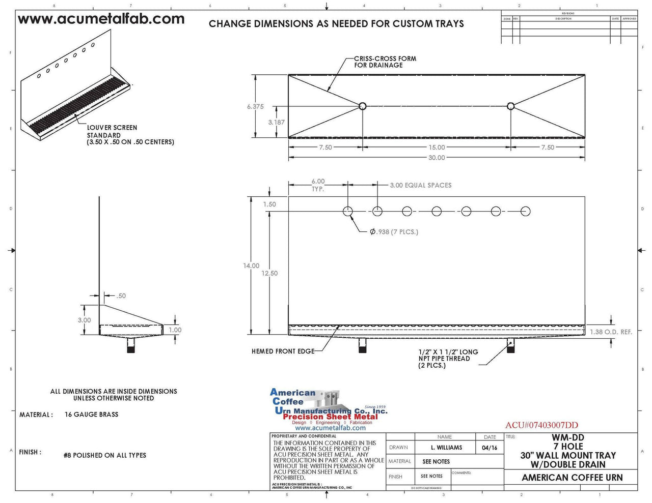 Wall Mount Drip Tray with Double Drains | 6-3/8" X 30" X 14" X 1" | Brass | 7 Faucet Holes - ACU Precision Sheet Metal