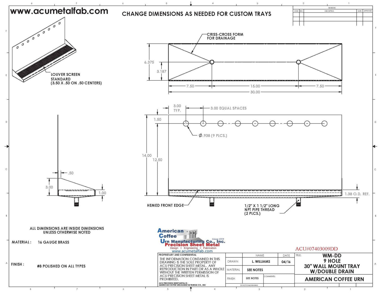 Wall Mount Drip Tray with Double Drains | 6-3/8" X 30" X 14" X 1" | Brass | 9 Faucet Holes - ACU Precision Sheet Metal