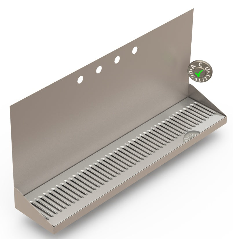 Wall Mount Drip Tray with Double Drains | 6-3/8" X 30" X 14" X 1" | Stainless Steel Mirror Finish | 4 Faucet Holes - ACU Precision Sheet Metal