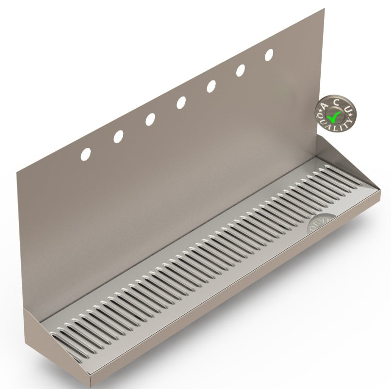 Wall Mount Drip Tray with Double Drains | 6-3/8" X 30" X 14" X 1" | Stainless Steel Mirror Finish | 7 Faucet Holes - ACU Precision Sheet Metal