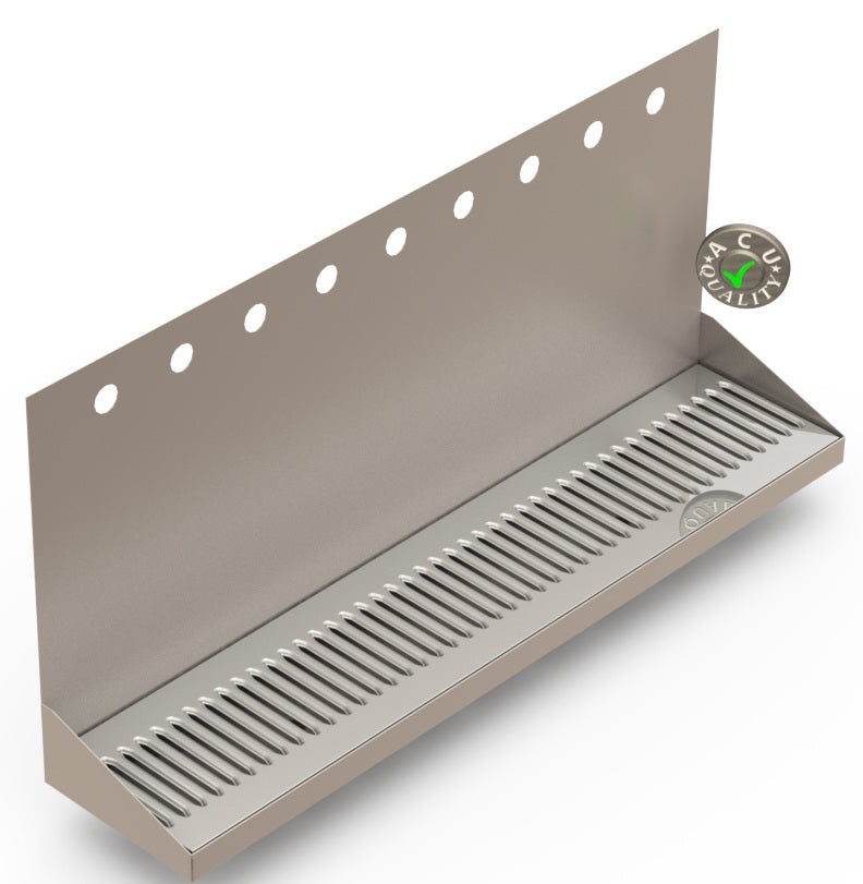 Wall Mount Drip Tray with Double Drains | 6-3/8" X 30" X 14" X 1" | Stainless Steel Mirror Finish | 9 Faucet Holes - ACU Precision Sheet Metal