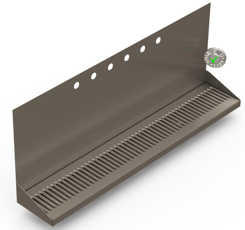 Wall Mount Drip Tray with Double Drains | 6-3/8" X 36" X 14" X 1" | S/S # 4 | 6 Faucet Holes - ACU Precision Sheet Metal