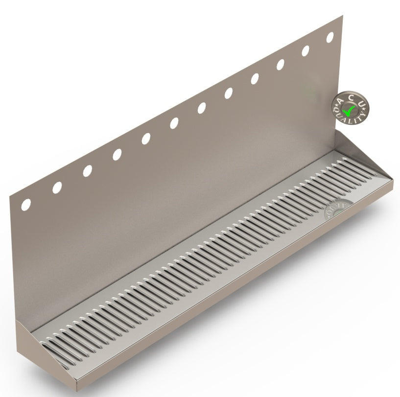 Wall Mount Drip Tray with Double Drains | 6-3/8" X 36" X 14" X 1" | Stainless Steel Mirror Finish | 12 Faucet Holes - ACU Precision Sheet Metal