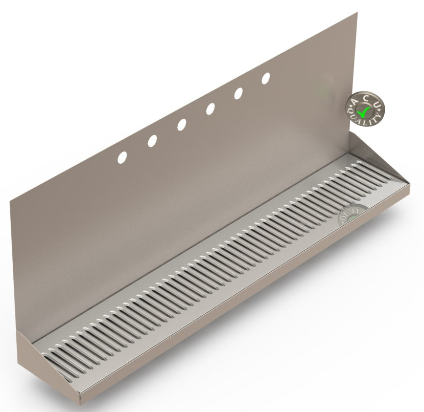 Wall Mount Drip Tray with Double Drains | 6-3/8" X 36" X 14" X 1" | Stainless Steel Mirror Finish | 6 Faucet Holes - ACU Precision Sheet Metal