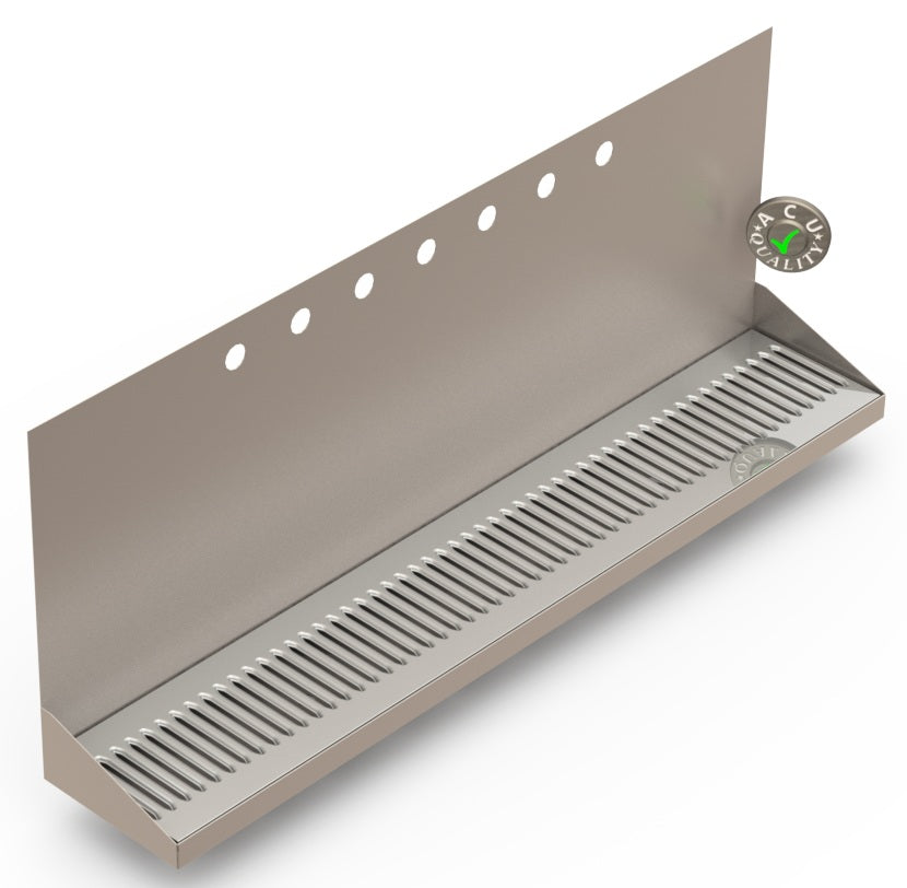 Wall Mount Drip Tray with Double Drains | 6-3/8" X 36" X 14" X 1" | Stainless Steel Mirror Finish | 7 Faucet Holes - ACU Precision Sheet Metal