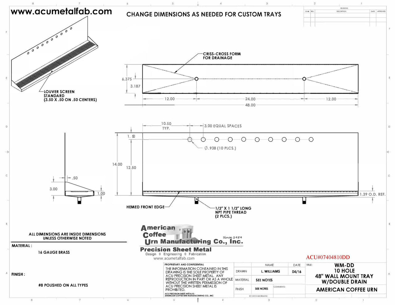 Wall Mount Drip Tray with Double Drains | 6-3/8" X 48" X 14" X 1" | Brass | 10 Faucet Holes - ACU Precision Sheet Metal