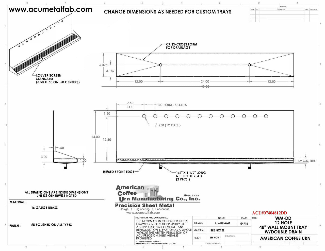 Wall Mount Drip Tray with Double Drains | 6-3/8" X 48" X 14" X 1" | Brass | 12 Faucet Holes - ACU Precision Sheet Metal