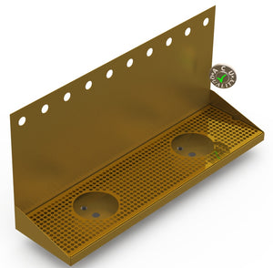 Wall Mount Drip Tray with Double Drains and Rinser Holes | 8" X 30" X 14" X 1" | Brass | 10 Faucet Holes - ACU Precision Sheet Metal