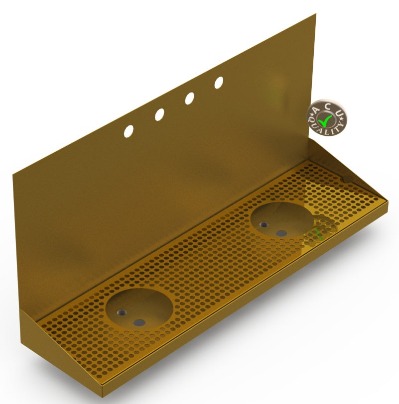 Wall Mount Drip Tray with Double Drains and Rinser Holes | 8" X 30" X 14" X 1" | Brass | 4 Faucet Holes - ACU Precision Sheet Metal