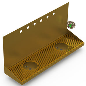 Wall Mount Drip Tray with Double Drains and Rinser Holes | 8" X 30" X 14" X 1" | Brass | 6 Faucet Holes - ACU Precision Sheet Metal
