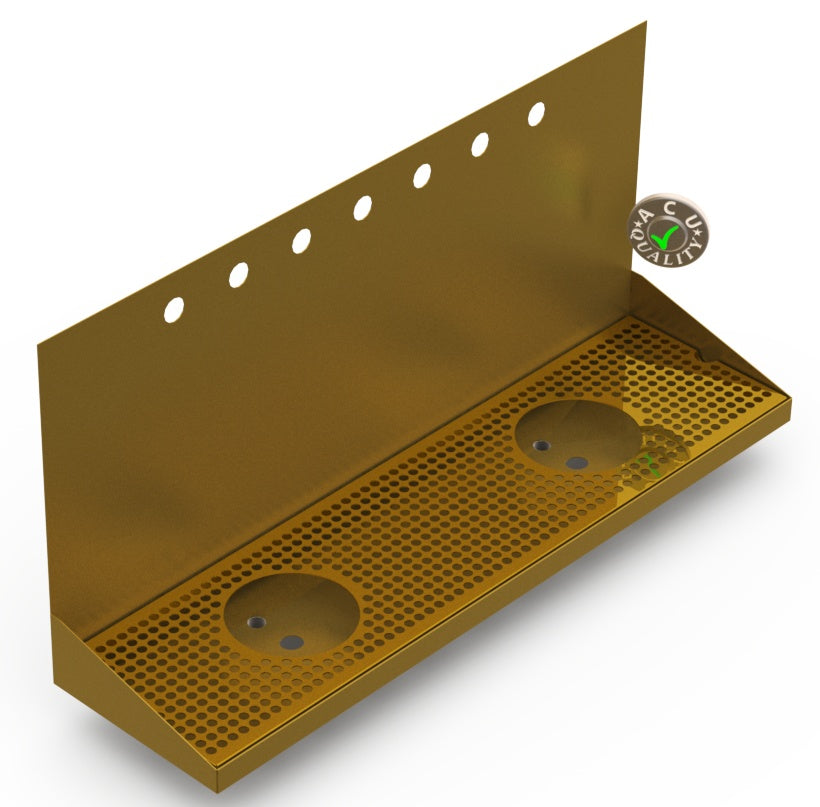 Wall Mount Drip Tray with Double Drains and Rinser Holes | 8" X 30" X 14" X 1" | Brass | 7 Faucet Holes - ACU Precision Sheet Metal