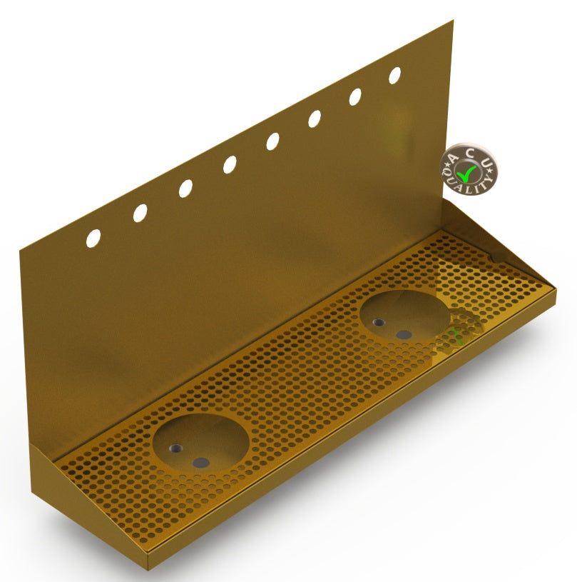 Wall Mount Drip Tray with Double Drains and Rinser Holes | 8" X 30" X 14" X 1" | Brass | 8 Faucet Holes - ACU Precision Sheet Metal