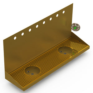 Wall Mount Drip Tray with Double Drains and Rinser Holes | 8" X 30" X 14" X 1" | Brass | 8 Faucet Holes - ACU Precision Sheet Metal