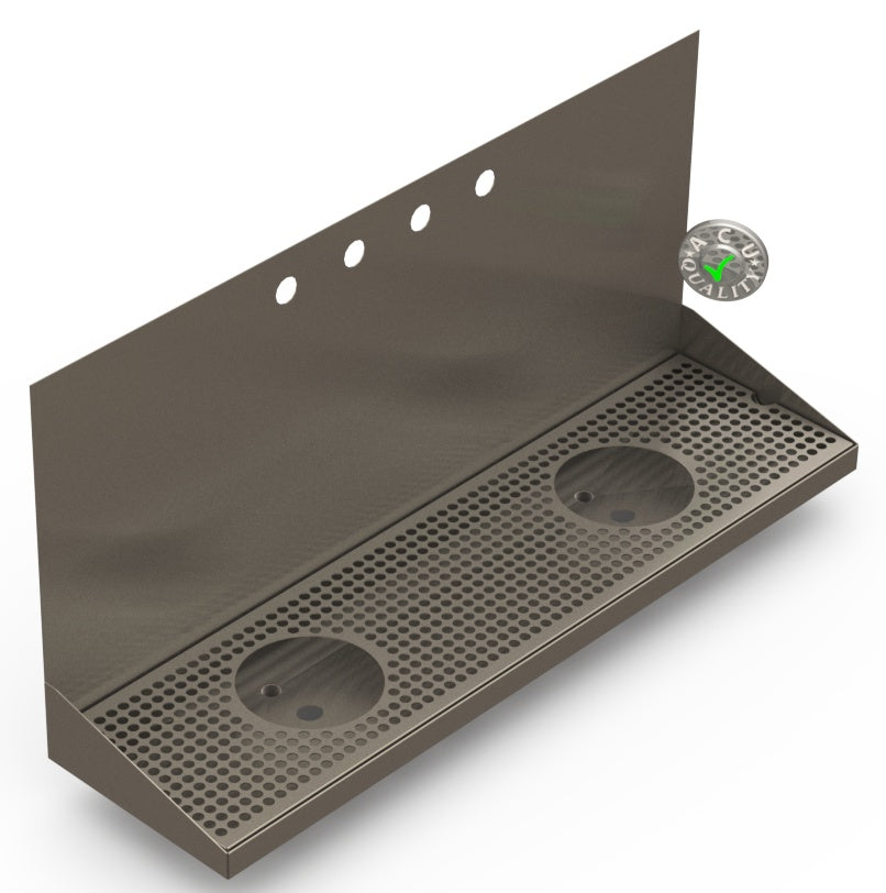 Wall Mount Drip Tray with Double Drains and Rinser Holes | 8" X 30" X 14" X 1" | S/S # 4 | 4 Faucet Holes - ACU Precision Sheet Metal