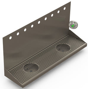 Wall Mount Drip Tray with Double Drains and Rinser Holes | 8" X 30" X 14" X 1" | S/S # 4 | 9 Faucet Holes - ACU Precision Sheet Metal