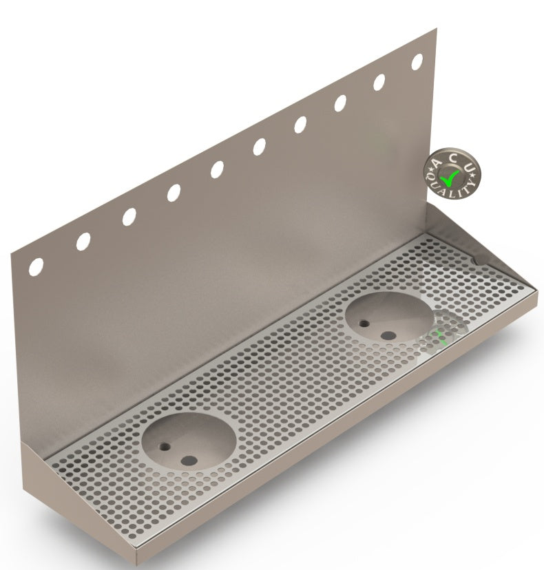 Wall Mount Drip Tray with Double Drains and Rinser Holes | 8" X 30" X 14" X 1" | Stainless Steel Mirror Finish | 10 Faucet Holes - ACU Precision Sheet Metal