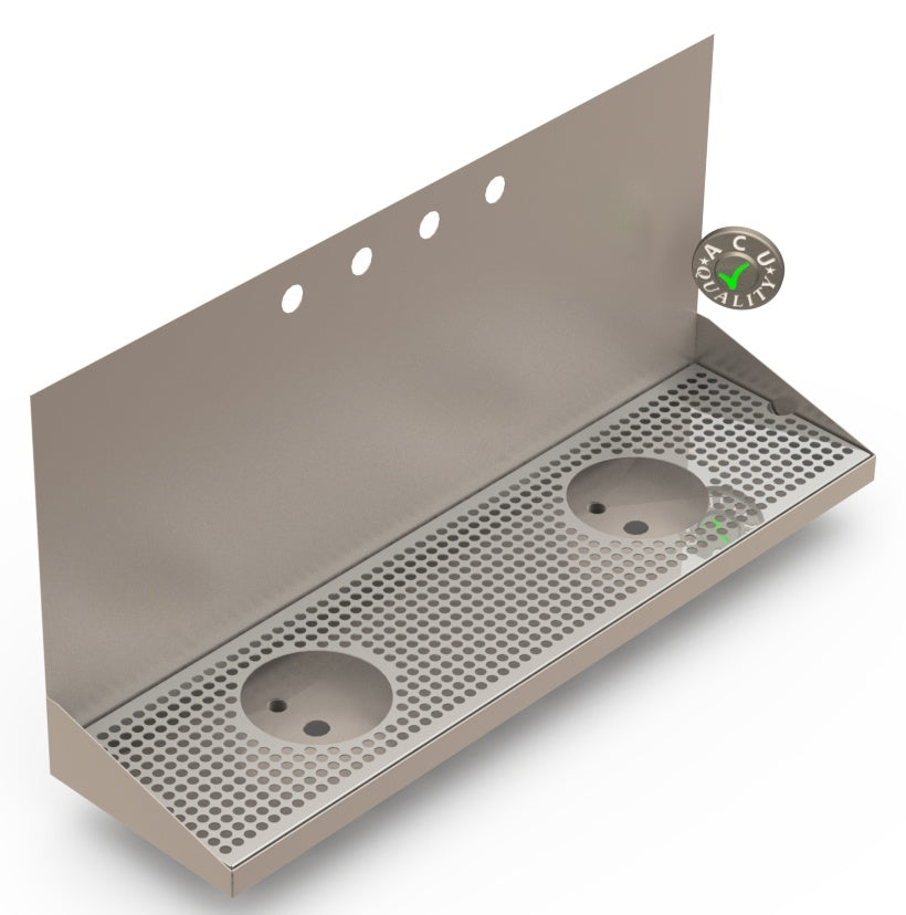 Wall Mount Drip Tray with Double Drains and Rinser Holes | 8" X 30" X 14" X 1" | Stainless Steel Mirror Finish | 4 Faucet Holes - ACU Precision Sheet Metal