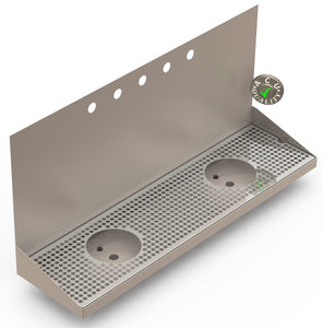 Wall Mount Drip Tray with Double Drains and Rinser Holes | 8" X 30" X 14" X 1" | Stainless Steel Mirror Finish | 5 Faucet Holes - ACU Precision Sheet Metal