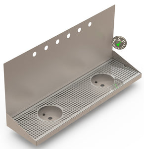 Wall Mount Drip Tray with Double Drains and Rinser Holes | 8" X 30" X 14" X 1" | Stainless Steel Mirror Finish | 6 Faucet Holes - ACU Precision Sheet Metal